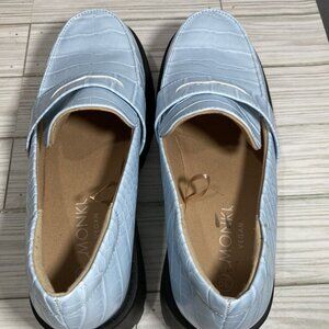 ASOS Monki Vegan Leather Blue Crocodile Pattern Chunky Heel Loafers